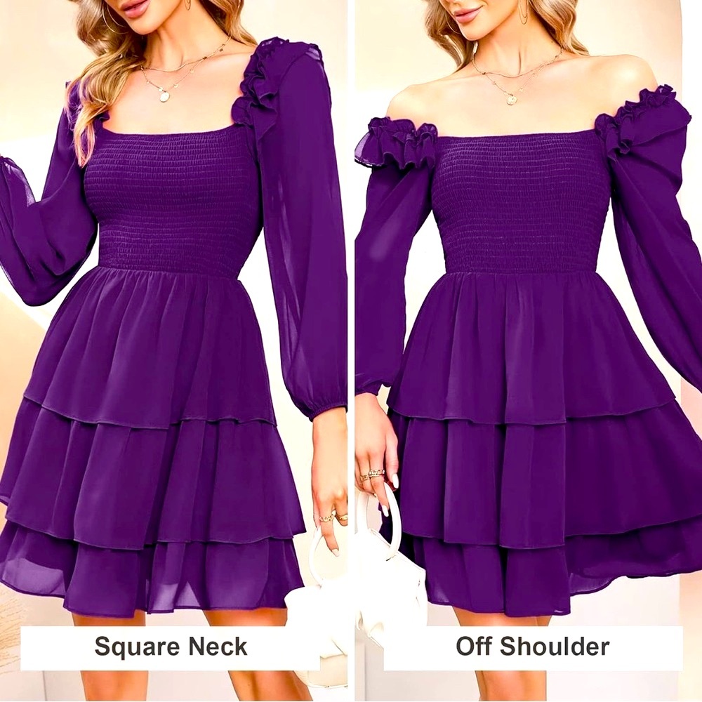 NWOT SZ S Byinns Womens Smocked Ruffle Mini Dress Square Neck Long Sleeve Purple